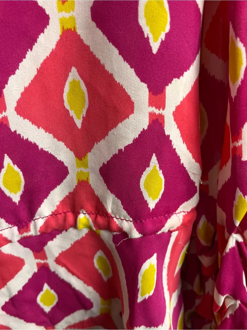 Tori Burch Top 6 100% Silk Blouse Pink Geometric Ikat Cinched Tie Cuff Sleeve
